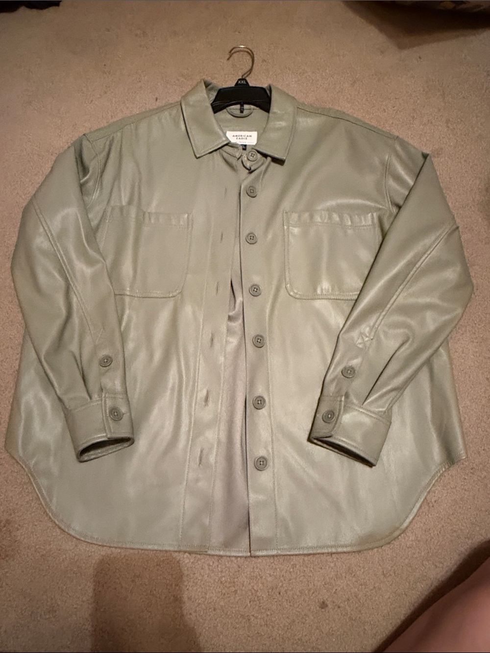 American Eagle Outfitters Faux Leather Shirt Jacket in Sage Green